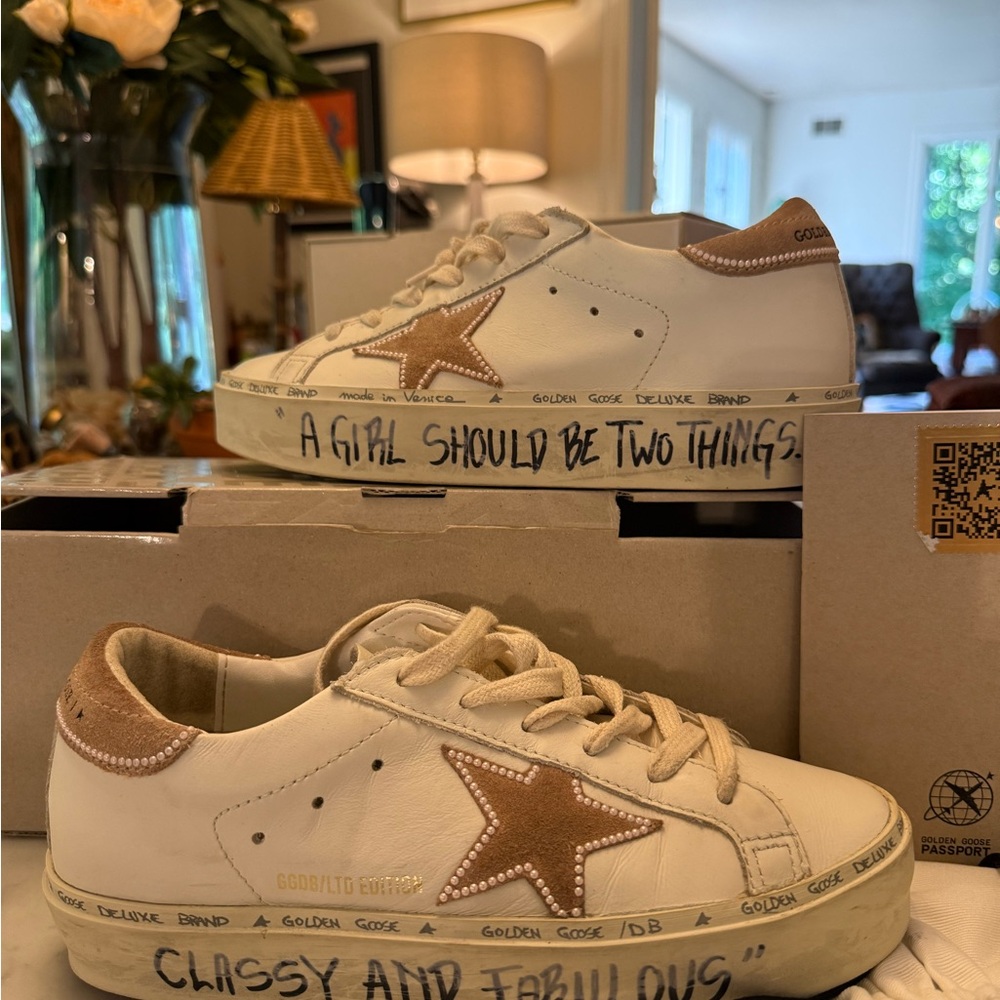 Golden Goose White and Pink Sneakers Distressed Style